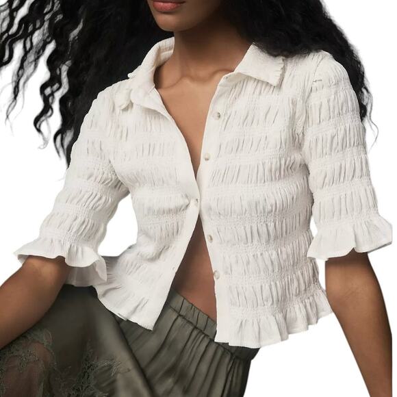 Anthropologie Maeve White Smocked Button Front Top - Picture 2 of 11